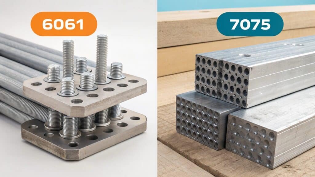A simple diagram illustrating elastic deformation, showing identical bending or stretching for equal stress applied to bars of 6061 and 7075, with an inset highlighting that their modulus of elasticity is the same.